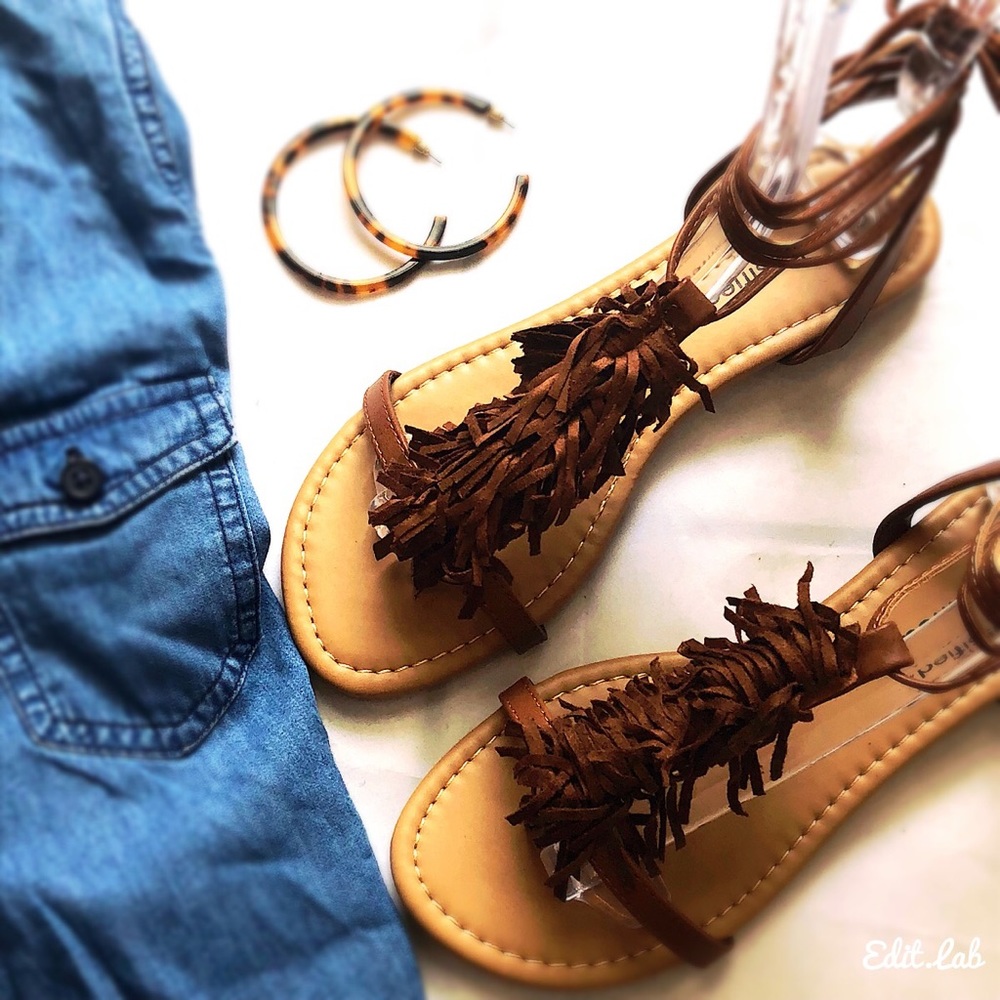 City Classified Brown faux suede fringe ankle wrap sandals women’s fashion
